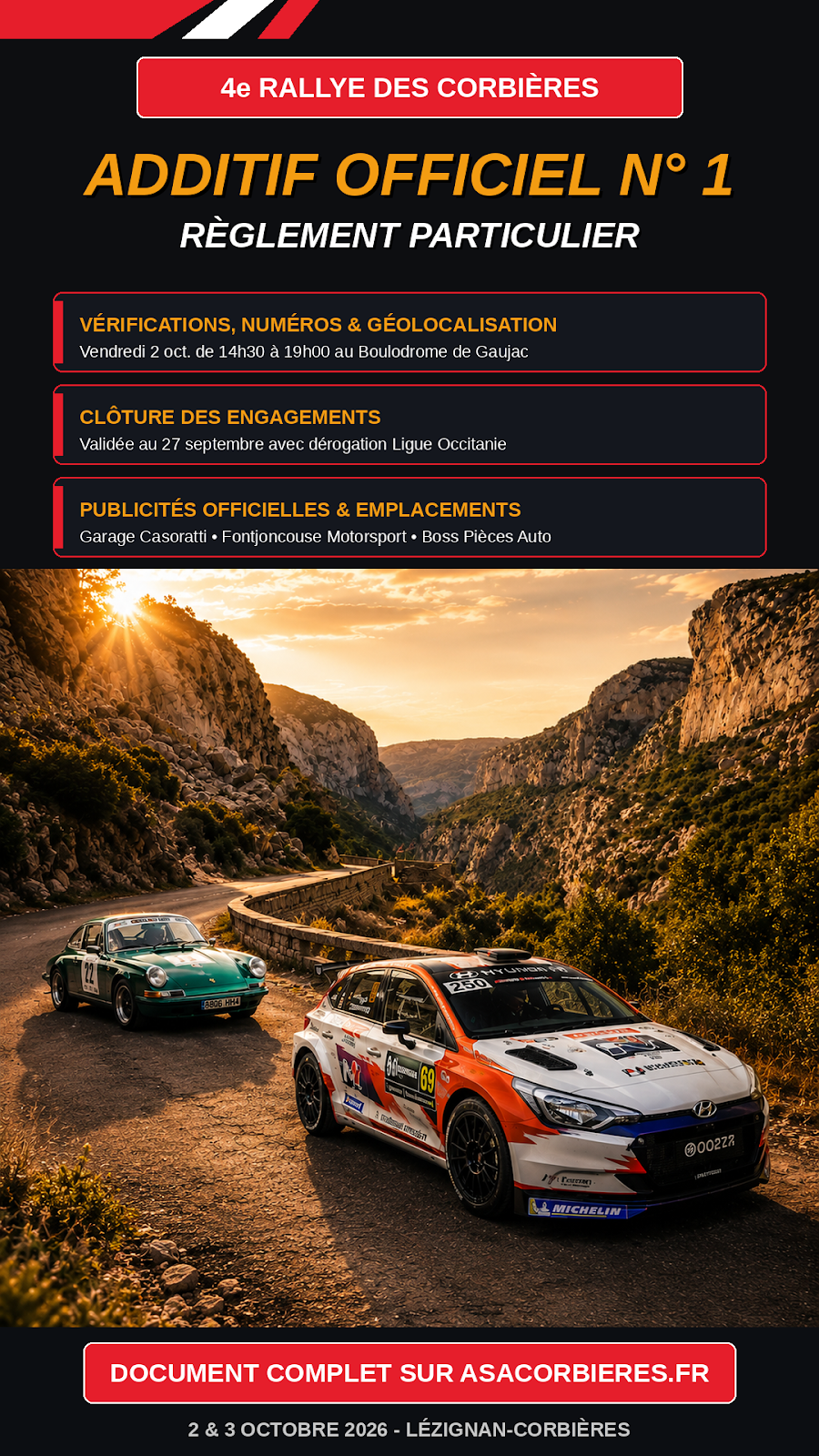 4ème Rallye des Corbières : ADDITIF OFFICIEL N° 1 — RÈGLEMENT PARTICULIER